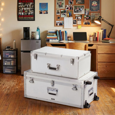 Metal Storage Trunk, Set of 2, Wooden Suitcase Storage Boxes with Padlocks, Large Trunk Includes Casters and 3 Metal Handles, Decorative Store Chest with Lids for Travel, Apartment, Dorm, White