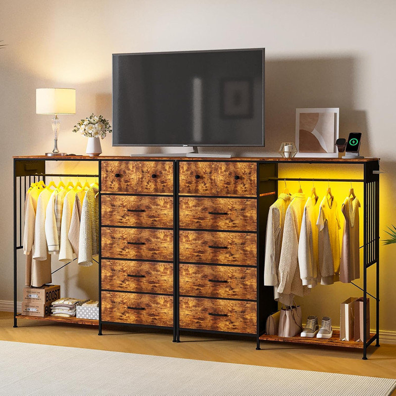 49" Dresser with Hanging Rack & LED Lights, 6-Drawer Closet Organizer with Charging Station, Brown