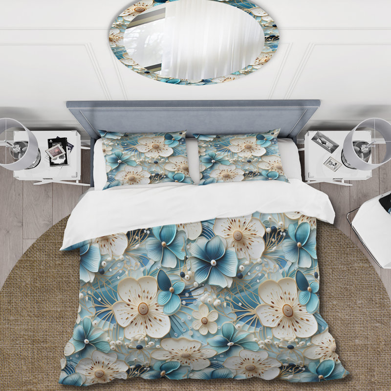 Ensemble de housse de couette fleurs bleues et blanches Simplicity, Housse de couette pour très grand lit et 2 très