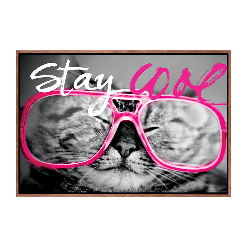 Stay Cool Cat - impression d'art graphique, H 18 po x l 26 po x 1,5 po, Toile avec cadre brun, Pas de tapis