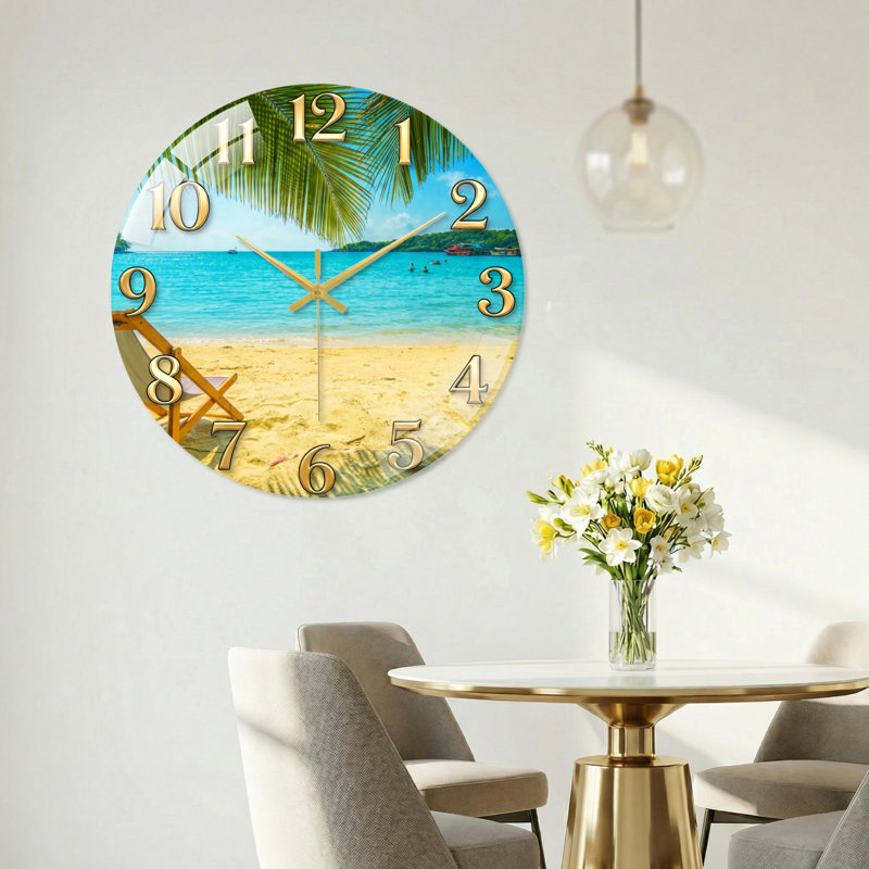 «Beach Scene», horloge murale en verre, 40 x 40 cm (15,7 x 15,7 pouces)