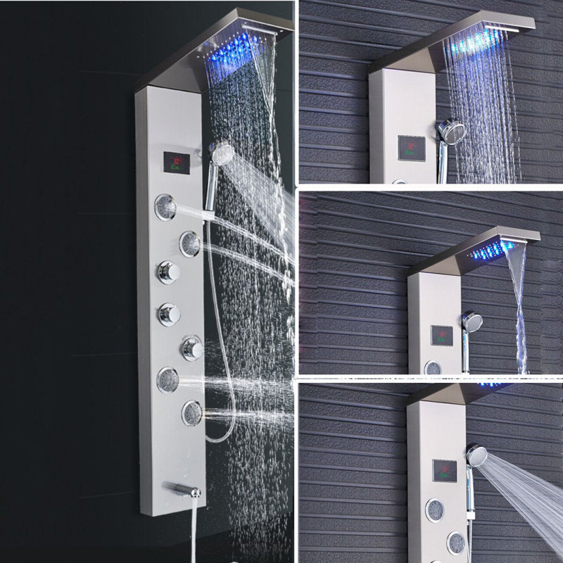 Tour de douche à DEL avec panneau de douche en acier inoxydable avec affichage de la température, système de tour de panneau de douche à 5 fonctions avec douche à jets de pluie et jets de corps, Nickel brossé