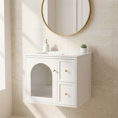 24" Wall Mounted Bathroom Vanity Set – Ceramic Sink With 2 Drawers & 1 Soft-Close Door, Glass-Door Cabinet, Space-Saving For Small Bathrooms