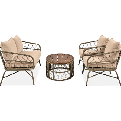 Style de mobilier d'extérieur avec housses de coussins amovibles, beige, table de table ovale en bois, coussins, patio beige