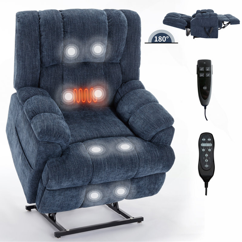 Dual Motor Heat Massage Infinite Position Up To 350 LBS Electric Power Lift Recliners With Power-Remote, Medium-Firm And Heavy Duty, Blue