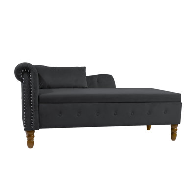 Black Chaise Lounge Indoor,Velvet Lounge Chair For Bedroom With Storage & Pillow,Modern Upholstered Rolled Arm Chase Lounge For Sleeping With Nailhead Trim For Living Room Bedroom Office