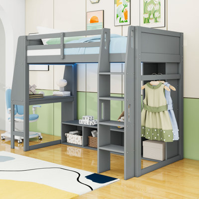 Wood Loft Bed With Desk, Shelves, LED Lighting And Hanging Clothes Rack