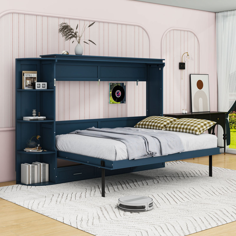 Lit plateforme escamotable 3 tiroirs avec armoires latérales, Lit double, Bleu