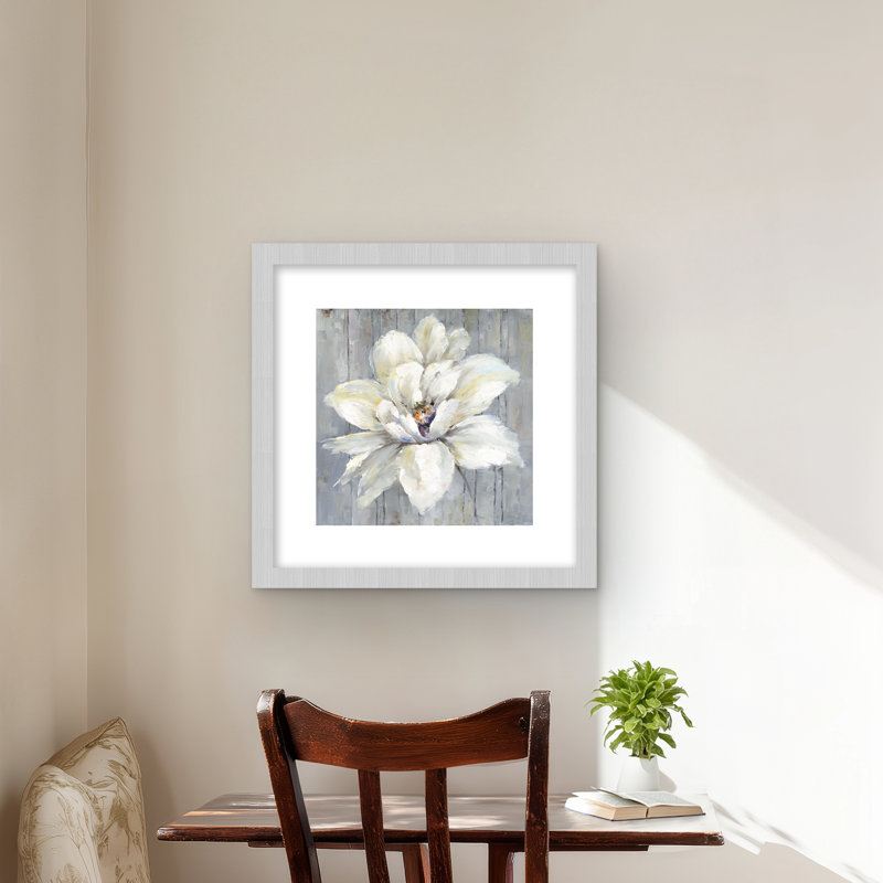 Fleur blanche sur bois - reproduction encadrée de style maison de campagne