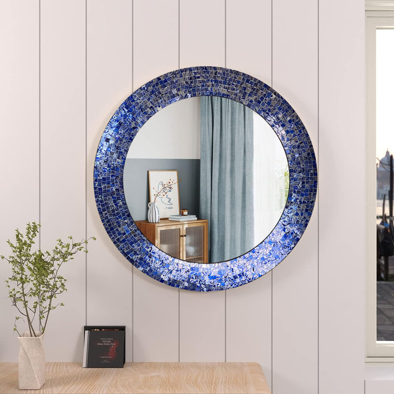 24" Sapphire and Silver Round Mosaic Wall Mirror
