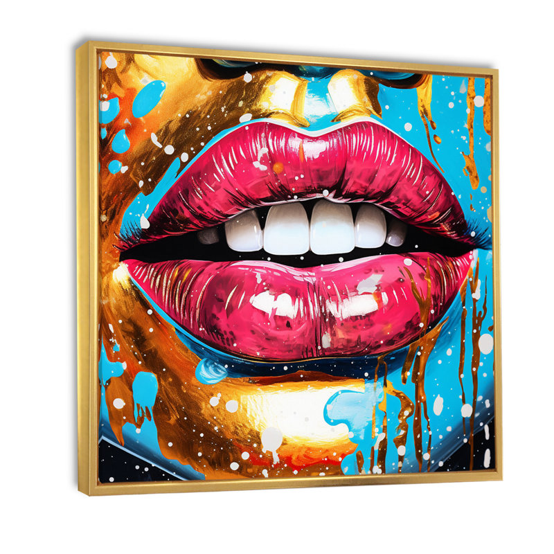 Art mural sur toile Sensual Red Lips Retro Glam, 36" H x 36" W, Cadre flottant doré
