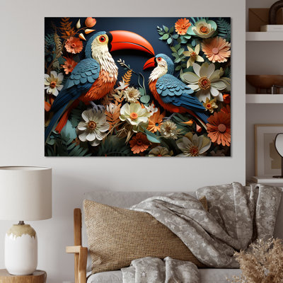 Bleu et rose, tropiques, toucan, collage II - art mural toucan