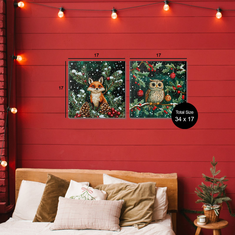 Ensemble de toiles 2 pièces Winter Snowfall Fox & Owl, design par Yen, H 17 po x l 17 po