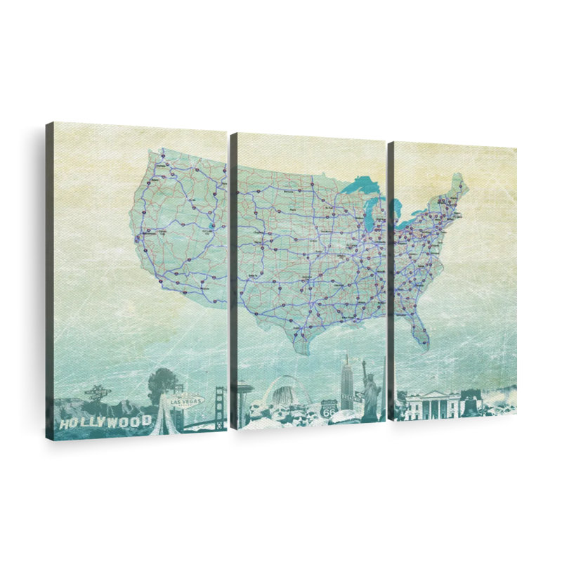 " Highways USA Map " 3 Piece Art Print, 57" H x 36" W x 1.25" D