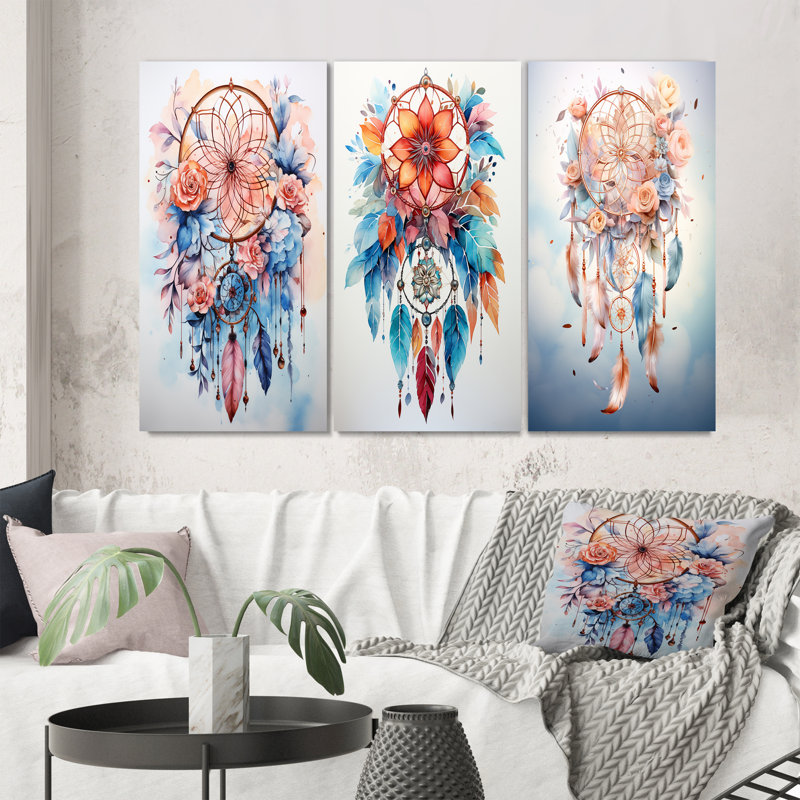 «Colorful Dreamcatcher Mystic Serenity», 3 pièces sur toile, Toile tendue, H 40 po x l 60 po