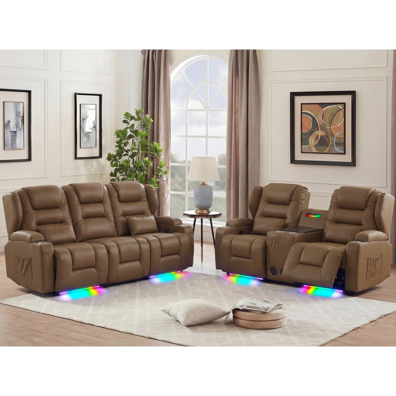 Ensemble de canapé inclinable en cuir 2 pièces avec porte-gobelet de rangement et station de charge, Khaki