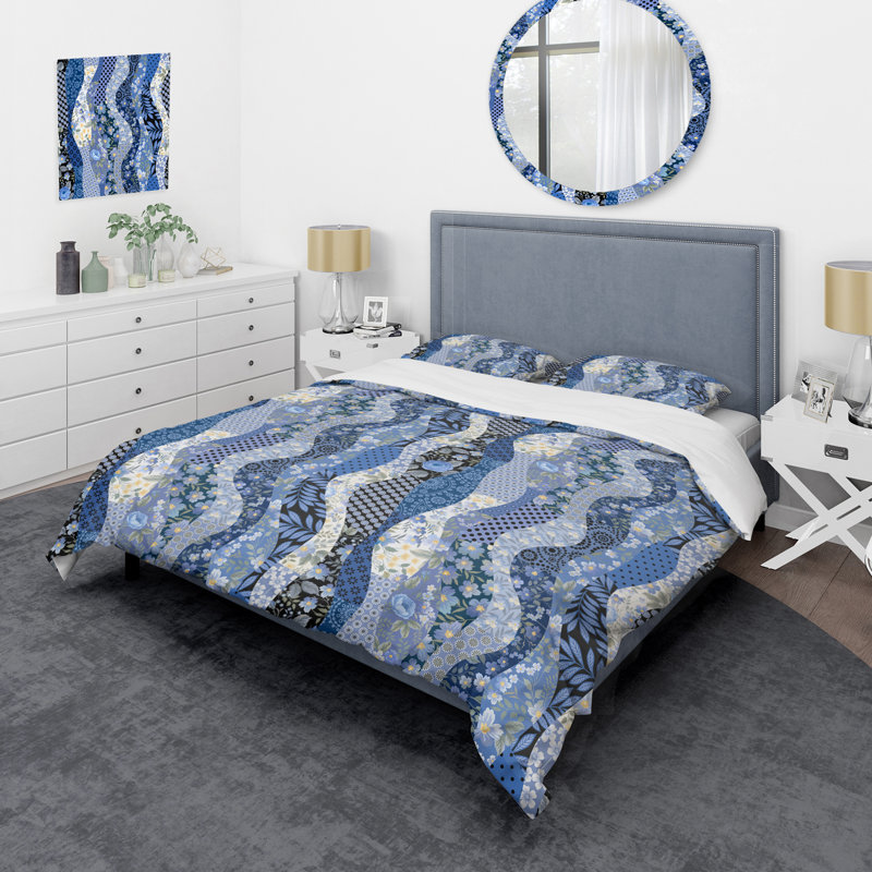Blue Roses Patchwork - Abstract Duvet Cover Set - Microfiber Polyester, King Duvet Cover + 2 King Shams