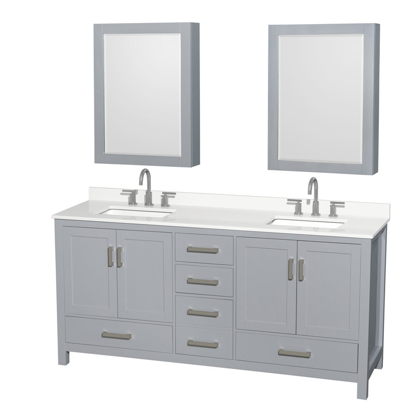 Sheffield 72" Freestanding Double Bathroom Vanity with Quartz Top with Medicine Cabinets, Chrome, Gray, Giotto Quartz