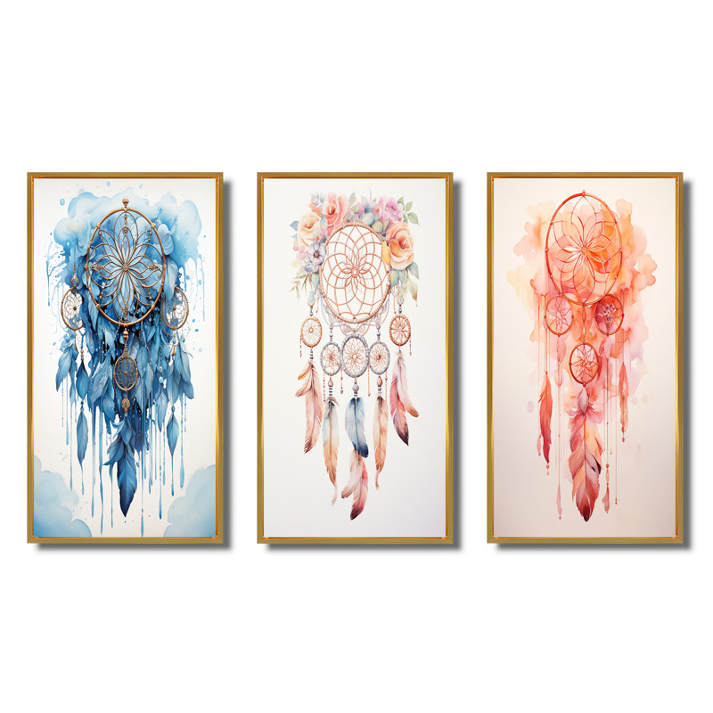 «Blue Boho Dreamcatcher Watercolor», 3 pièces sur toile, H 40 po x l 60 po, Encadrement doré