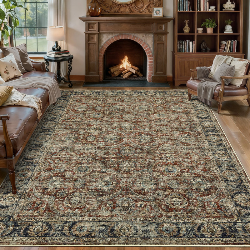 Tapis lavable rétro pour chambre à coucher, salon, salle à manger, Rouge, Rectangle 9 pi x 12 pi