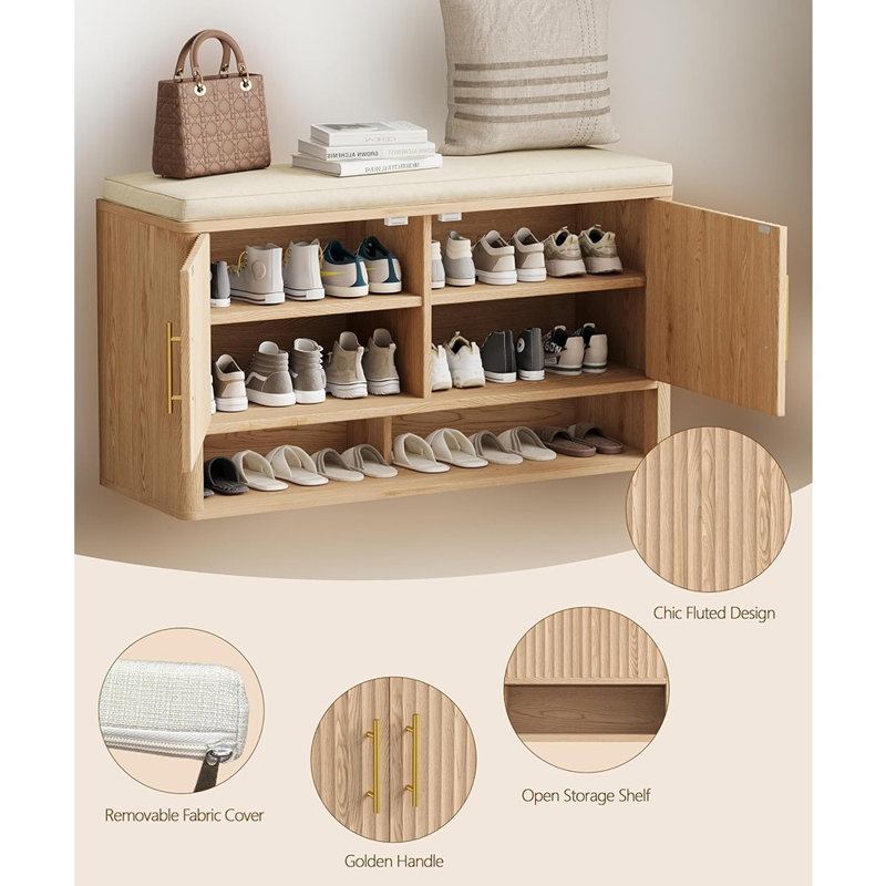 Banc de rangement à chaussures cannelé avec coussin, tablette ajustable, armoire dissimulée et tablette inférieure ouverte