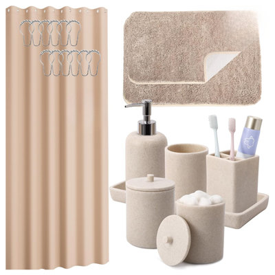 21 Pcs Complete Bath Set - Resin Bathroom Accessories: Waterproof Curtain + Non-Slip Mat + Toothbrush Holder + Soap Dispenser + Organizer