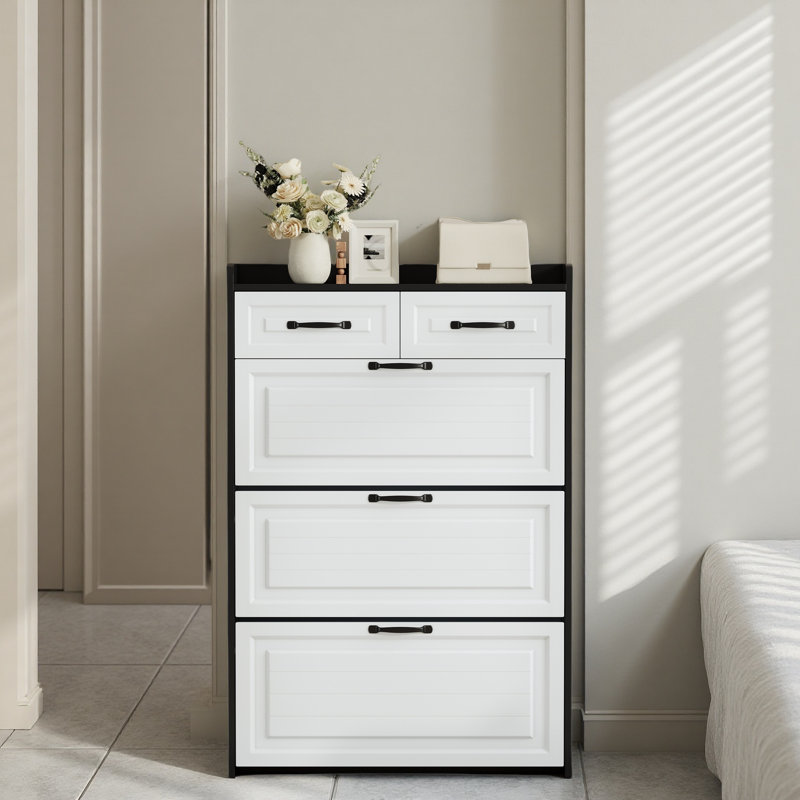 Range-chaussures avec 3 portes et 2 tiroirs, porte en PVC avec forme, grand espace de rangement
