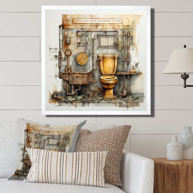 Industrial Chic Mixed Toilet - Bath & Laundry Wall Art Living Room, Cadre photo blanc, H 36 po x l 36 po x P 1,5 po