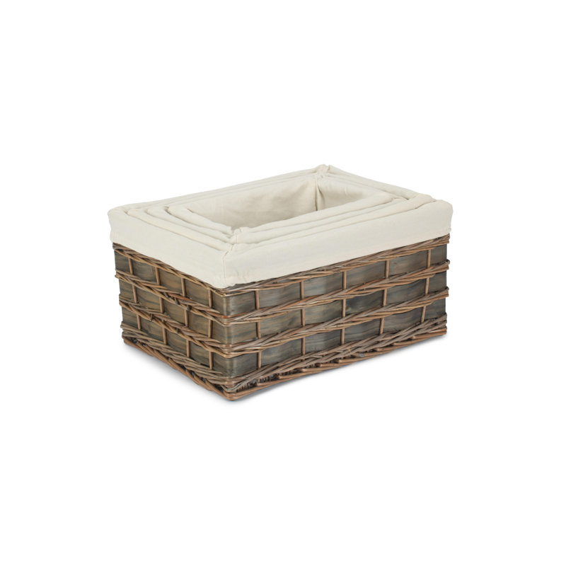 Wicker 4 Piece Lined Scandi Style Storage Basket Set, Grey