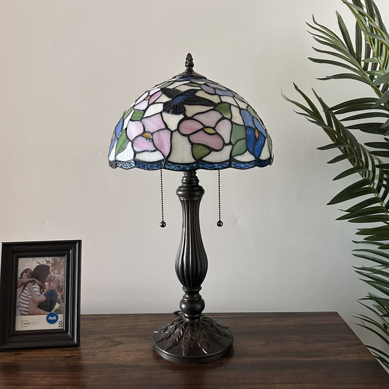 Bernhardus Tiffany Table Lamp Hummingbird Flowers Pink Blue Stained Glass Included LED Bulbs H22"