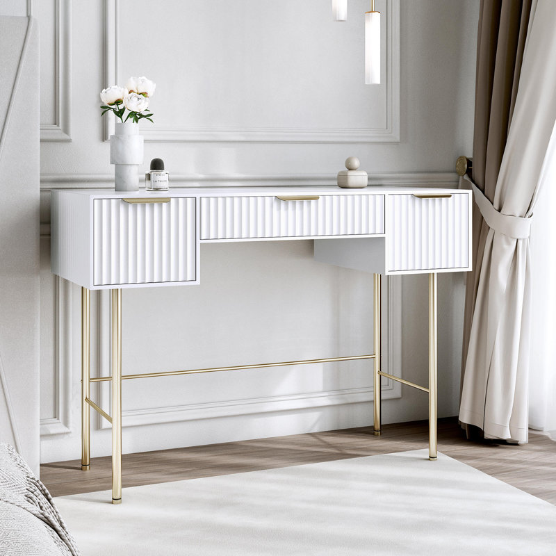 Lara Dresssing Table - Ridged front and side finished, Gold/White