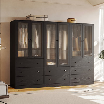 20"D x 94.5"W x 71"H Modern Armoire With Soft-Close Doors — Fluted Glass Wardrobe Closet With Shelves Drawers