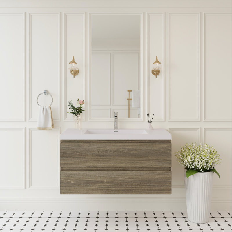 Meuble-lavabo de 42 po avec lavabo, rangement mural, style moderne, gris cendré, finition à l'eau pour meuble-lavabo flottant de longévité, plateau à surface solide, tiroirs à fermeture en douceur, installation de plomberie rapide