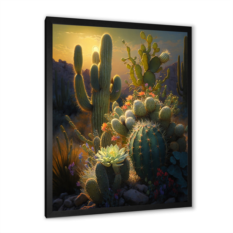 Cactus dans le désert III - Montagnes, impressions encadrées, Impression noire sur toile encadrée, H 40 po x l 30 po