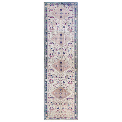 Tapis de couloir beige en laine noué à la main de conception unique années 4 pi 3 po x 13 pi 11 po Kars