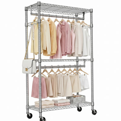 Heavy Duty Rolling Garment Rack 3 Tiers Adjustable Wire Shelving Clothes Rack with 2 Rods and Side Hooks,Storage Closet Clothing Rack with Wheels Chrome 15.7" D x 29.5" W x 74.5" H