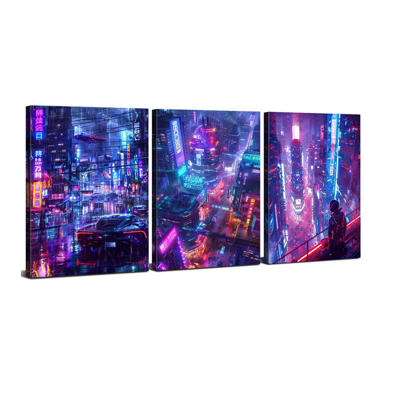 Tokyo City Anime Wall Art Cyberpunk Decor for Boys Bedroom Wall Decor Futuristic Street Pop Art Prints Pictures Neon Night Cityscape Canvas Paintings Modern Men Playroom Artwork Decoration 12x16" 3P