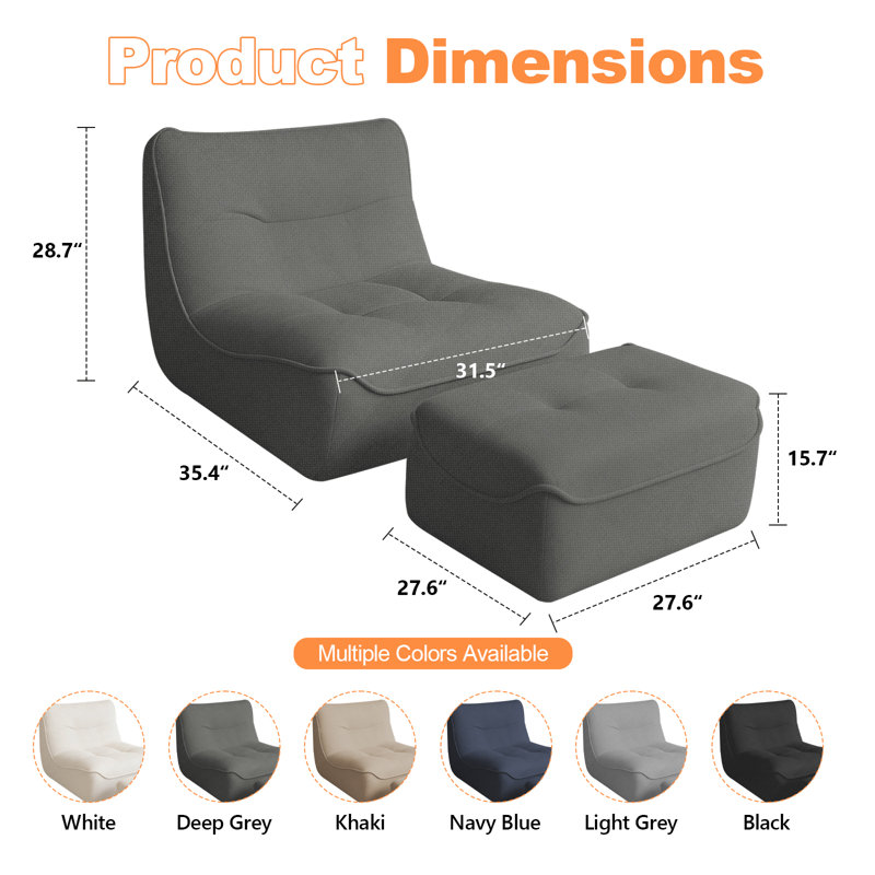 Grand pouf poire en mousse mémoire de forme avec repose-pieds et canapé de sol relaxant en fausse fourrure pour adultes, gris foncé