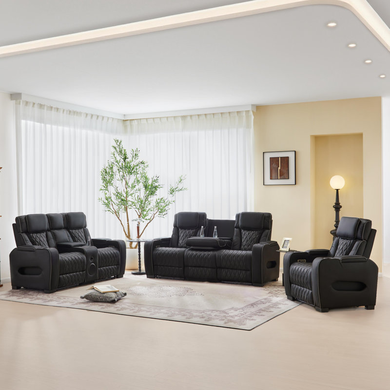 Ensemble de salon inclinable en cuir 3 pièces avec porte-gobelet et haut-parleur Bluetooth Sizemore, Noir