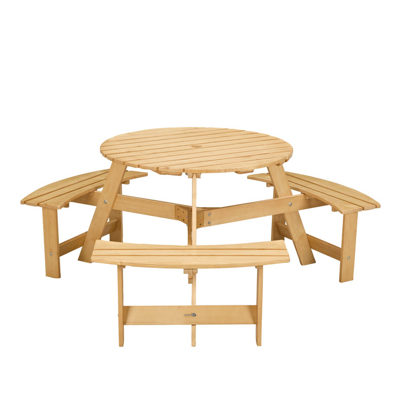 Outdoor Picnic Table For 6 People, 3 Built-In Benches And Umbrella Hole. Natural Wood, Weather-, Waterproof Garden, Backyard, Porch With - , , Suits Backyard