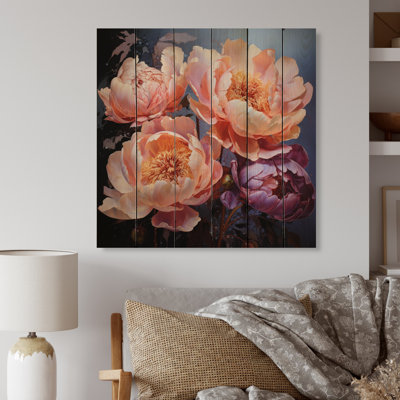 Jassim Peach, pivoines, rêves sur bois