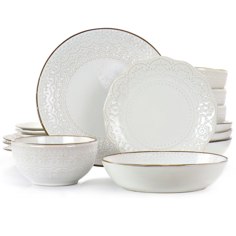 Ivory Embossed Ceramic 16-Piece Dinnerware Set with Scalloped Edges