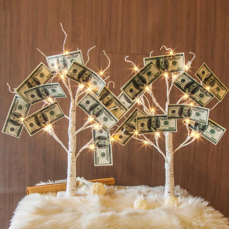 Porte-argent, porte-cartes, arbre-cadeau 2 pi, 24 DEL, bouleau lumineux, alimenté par pile / USB, affichage de photos avec 12 pinces transparentes et 12 cartes pour Noël