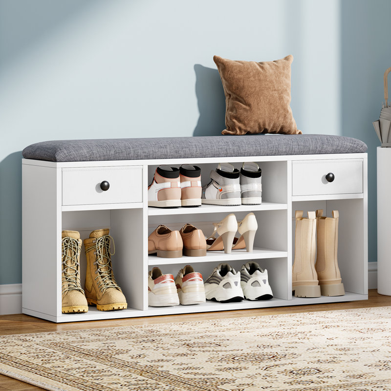8 Pair Shoe Storage Bench, White/Grey