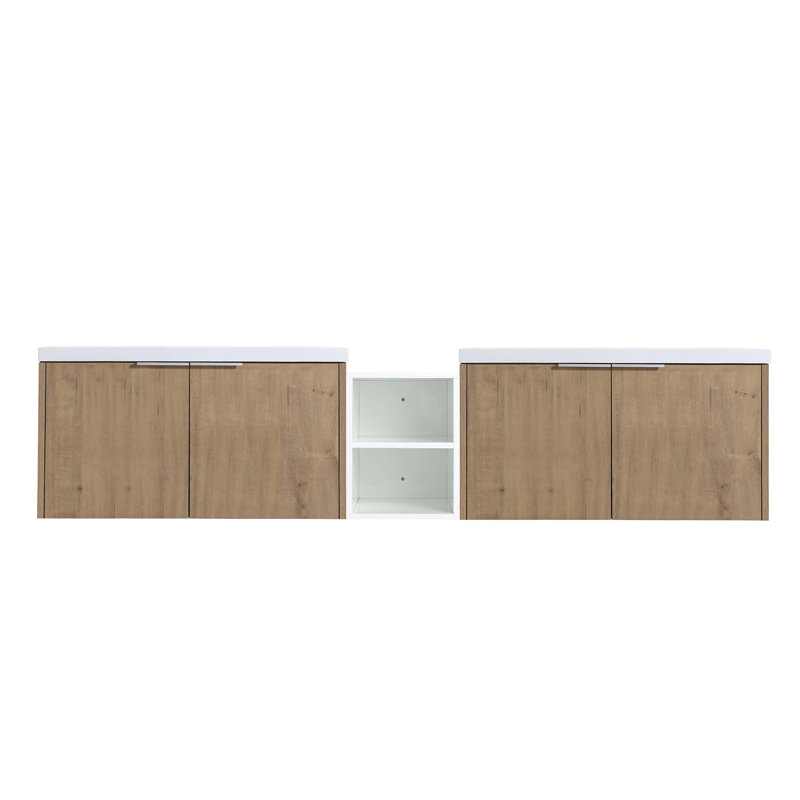 Meuble-lavabo à fermeture en douceur avec lavabo, petites tablettes de rangement et armoire combinée, Imitation chêne, 82.9"