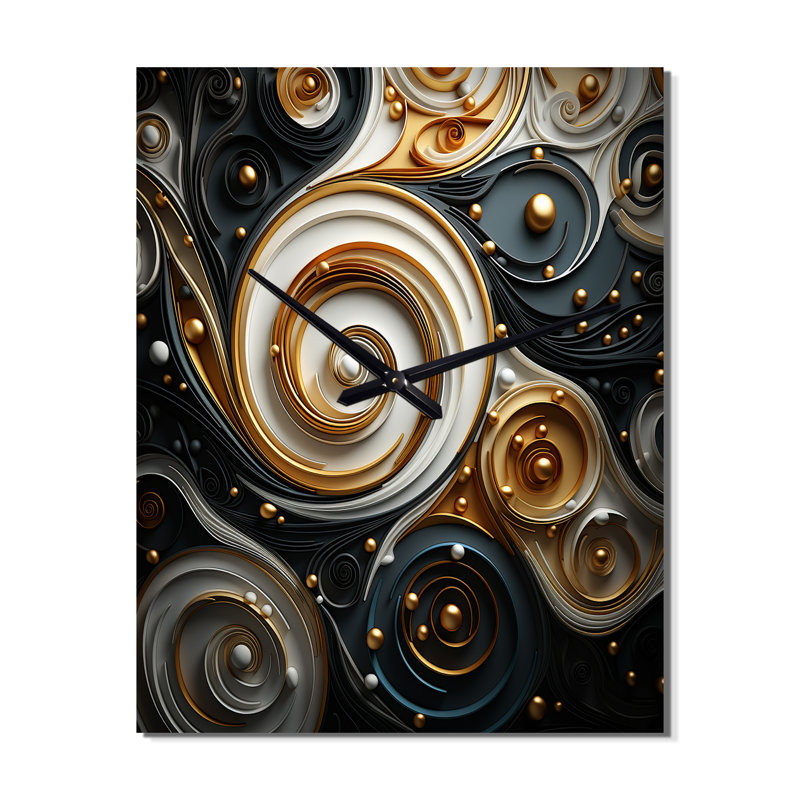 Tourbillon spirale abstrait abstrait or liquide et noir - Horloge murale spirale abstraite surdimensionnée