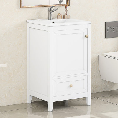 Meuble-lavabo blanc de 50 cm (20 pouces) avec lavabo en céramique, armoire à porte à fermeture douce, tablette de rangement, tiroir, construction, finition peinte, design moderne, meuble-lavabo simple à encastrer sous plan.