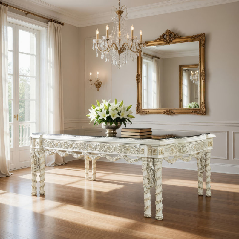 Table de salle à manger avec garniture dorée, blanc antique