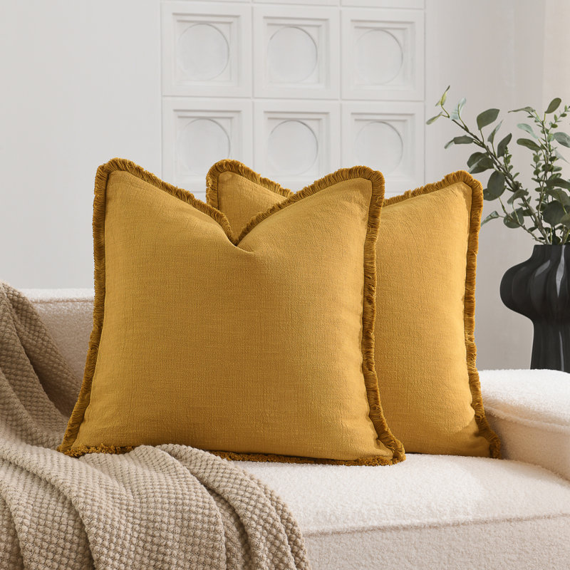 Housse de coussin en lin délavé texturé Boho Farmhouse, Jaune, Carré 18 po