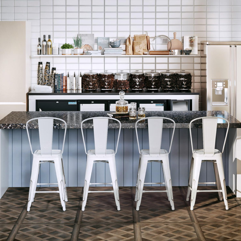 Frese Iron Counter Stool with Steel Frame, Distressed White